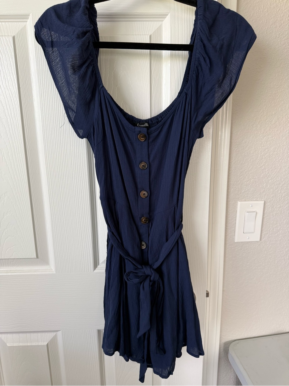 Navy Button-Front Cap Sleeve Romper with Tie Waist